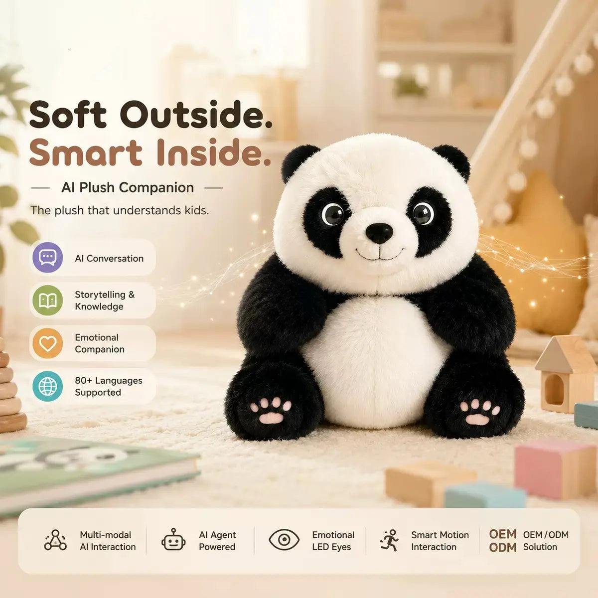 PandaCiCi Smart AI Interactive Panda Plush Companion with Emotional LED Eyes