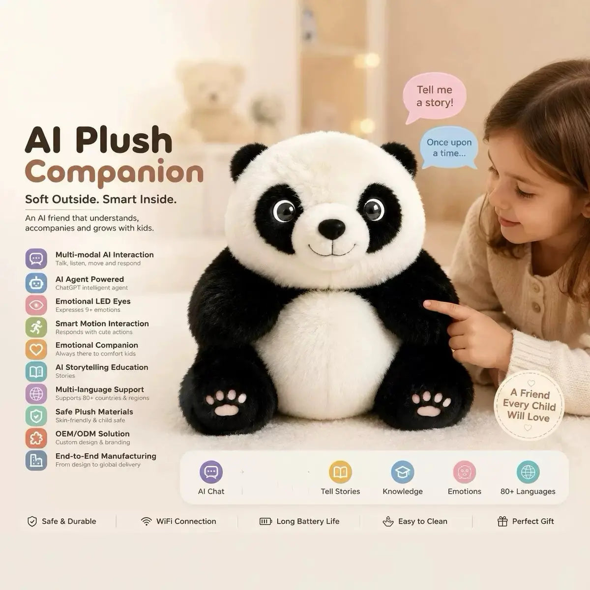 PandaCiCi Smart AI Interactive Panda Plush Companion with Emotional LED Eyes