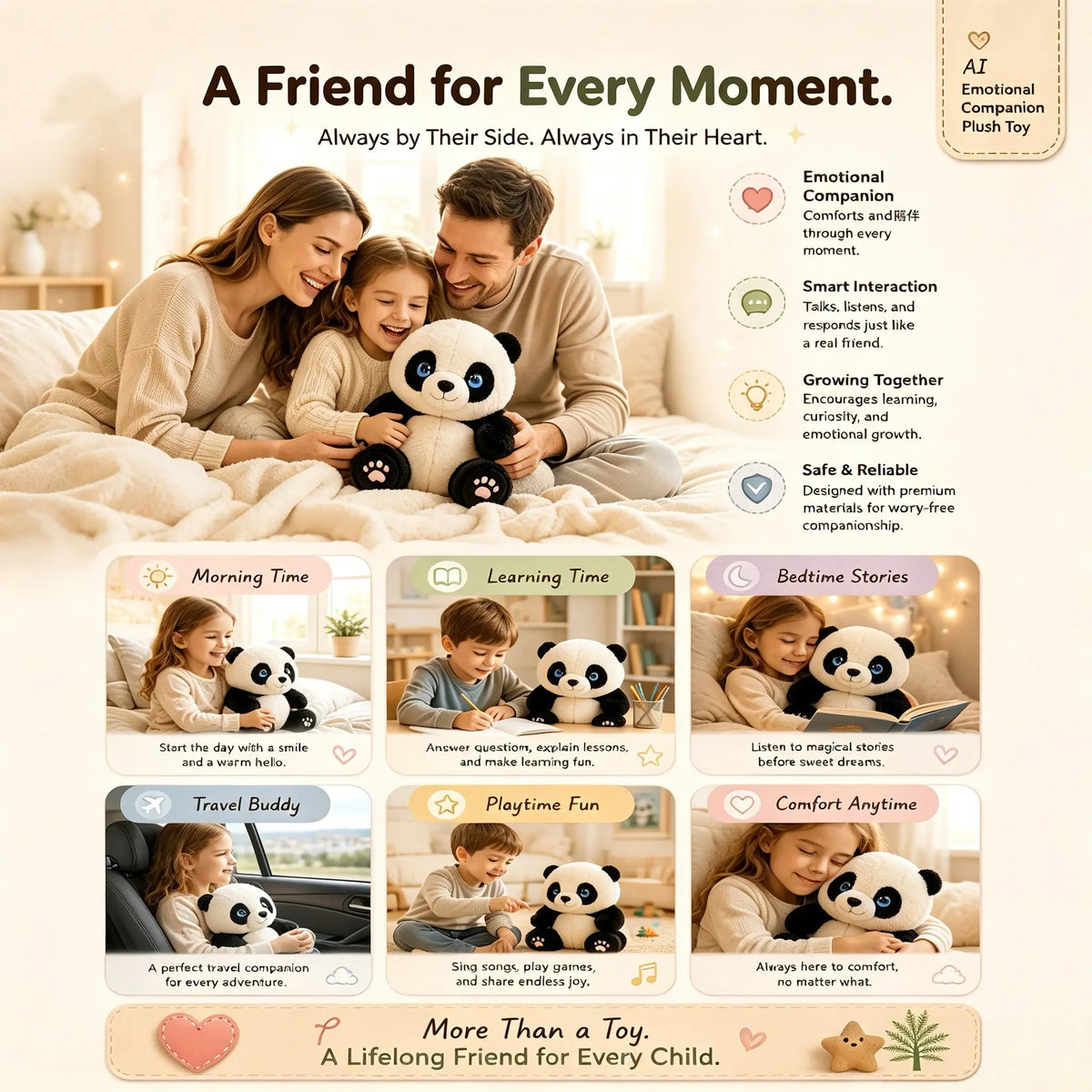 PandaCiCi Smart AI Interactive Panda Plush Companion with Emotional LED Eyes