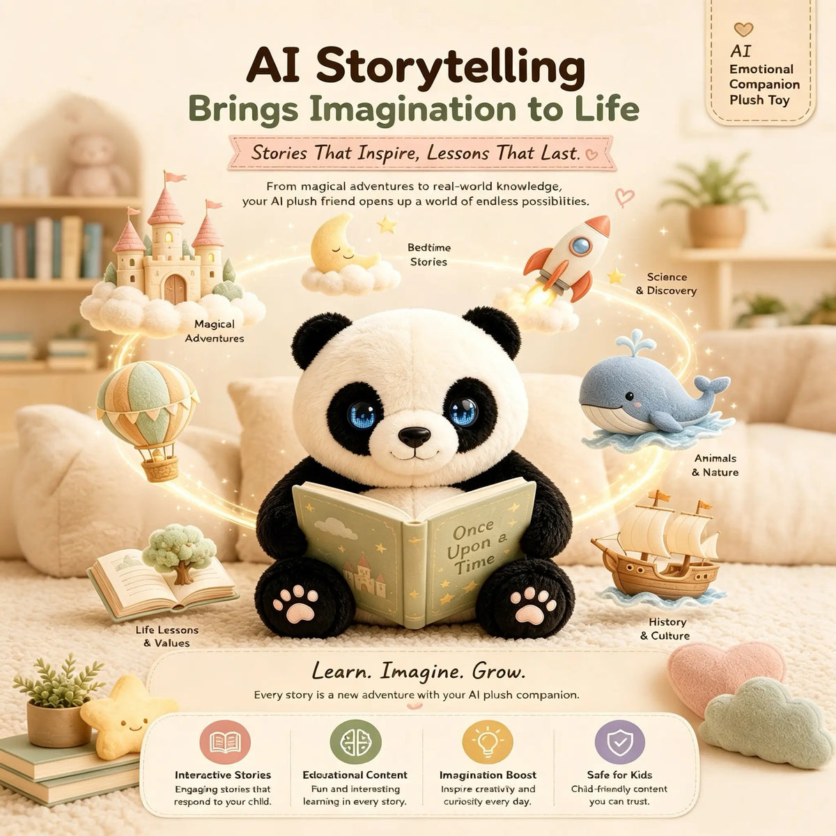PandaCiCi Smart AI Interactive Panda Plush Companion with Emotional LED Eyes