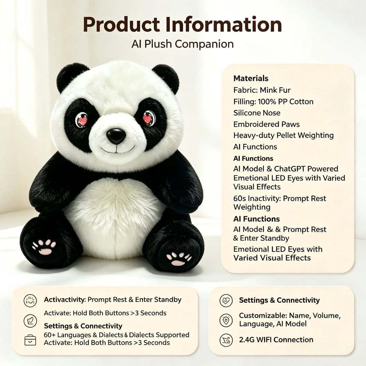 PandaCiCi Smart AI Interactive Panda Plush Companion with Emotional LED Eyes